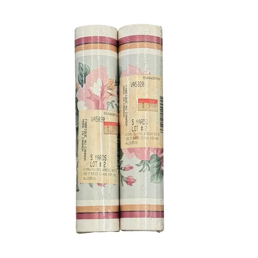 Sunworthy VA5020 Floral Wallpaper Border Pink Roses 5 Yd Lot of 2 Vintage NOS